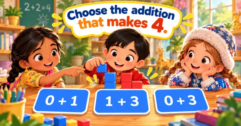 Choose the addition that makes 4: three children with building blocks, above the cards 0 + 1, 1 + 3 and 0 + 3.