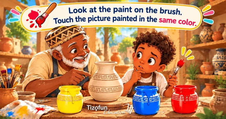 Look at the paint on the brush, then touch the picture painted in the same color: a potter and a boy holding a red brush, beside yellow, blue and red painted jars.