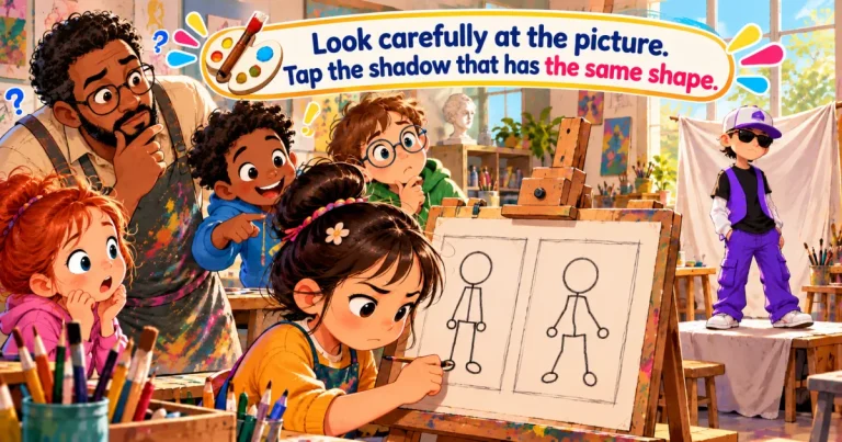 Look carefully at the picture, then choose the shadow that has the same shape: in an art studio, a girl draws two stick figures on an easel while a model poses and her classmates and teacher watch.