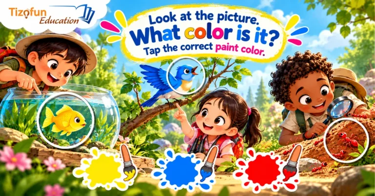 Look at the picture. What color is it? Choose the correct paint color: children exploring a garden find a yellow fish, a blue bird and red ants, above yellow, blue and red paint splashes.