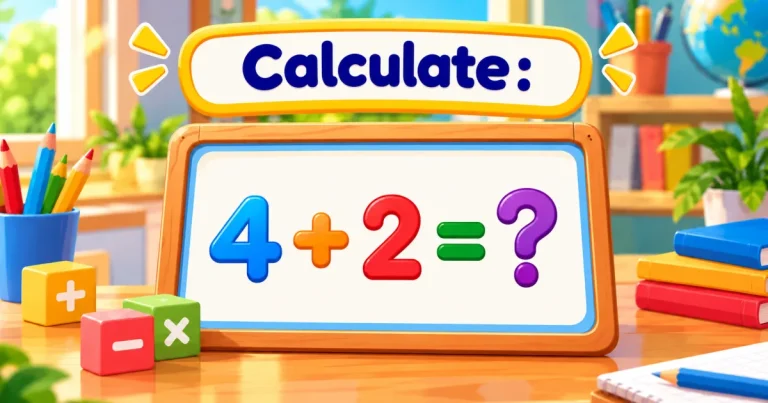 Calculate: 4 + 2 = ? — the sum in big colored numbers on a slate, on a school desk between pencils and cubes marked +, − and ×.