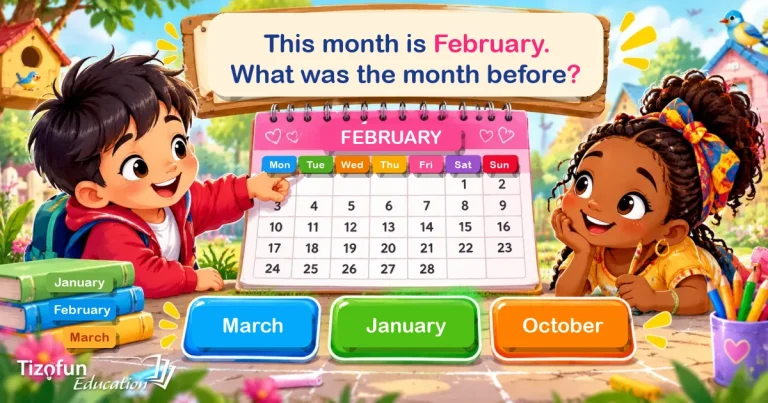 This month is February. What was the month before? Two children point at a February calendar; the answers are March, January and October.