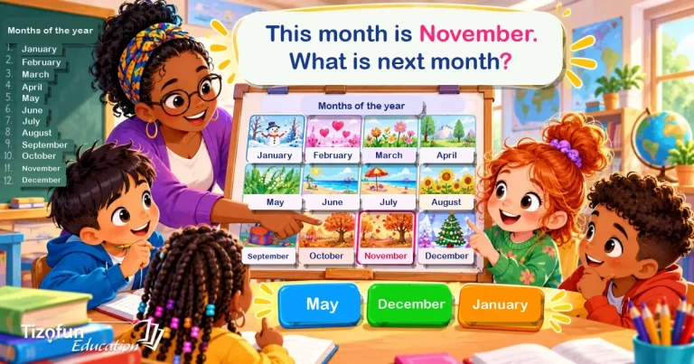 This month is November. What is next month? A teacher points to the months of the year on a board; the answers are May, December and January.