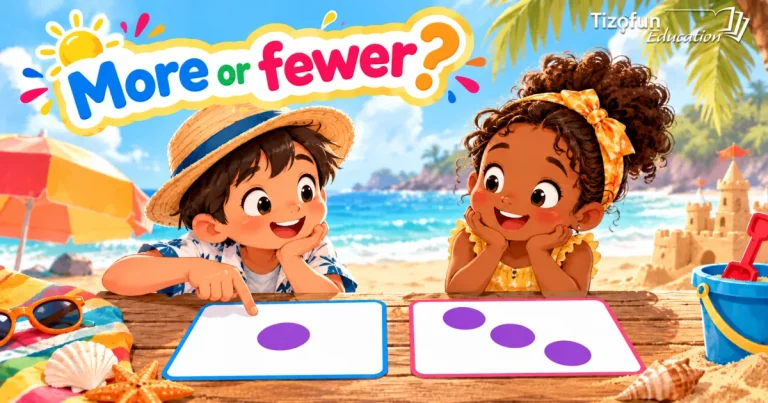 More or fewer? Two children at the beach compare a card with one purple dot and a card with three purple dots.