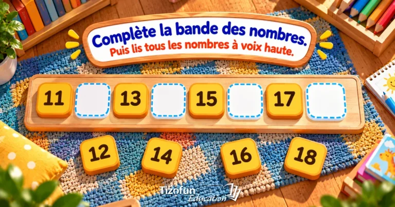 Complète la bande des nombres, puis lis tous les nombres à voix haute : une bande avec 11, 13, 15, 17 et des cases vides, et les étiquettes 12, 14, 16 et 18 posées sur un tapis.