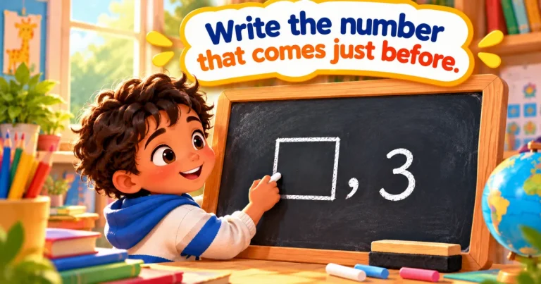 Write the number that comes just before: a boy writes in an empty box before the number 3 on a blackboard.