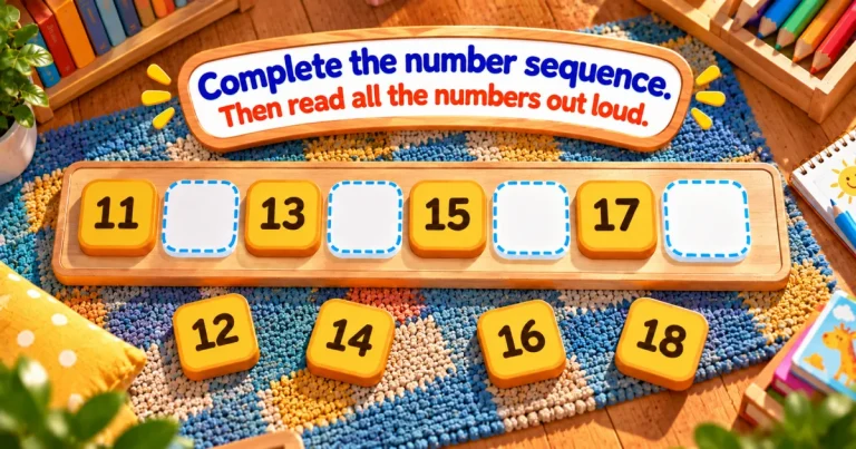 Complete the number sequence, then read all the numbers out loud: a wooden strip with 11, 13, 15, 17 and empty boxes, and the tiles 12, 14, 16 and 18 on a rug.