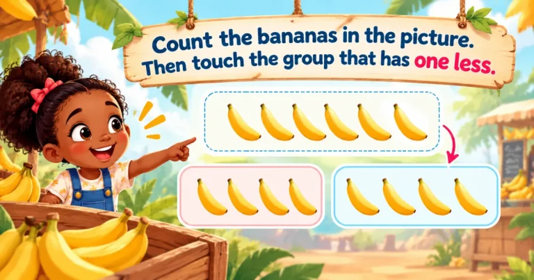Count the bananas in the picture, then touch the group that has one less: a girl points to a row of bananas, beside two smaller groups of bananas.
