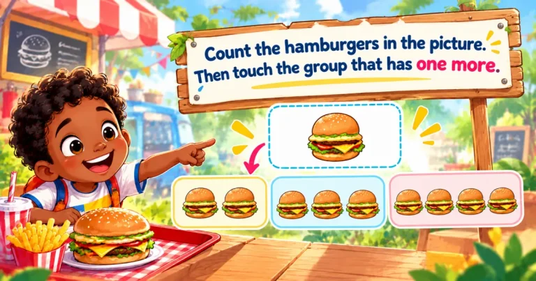 Count the hamburgers in the picture, then touch the group that has one more: a boy points to one hamburger, beside groups of two, three and four hamburgers.