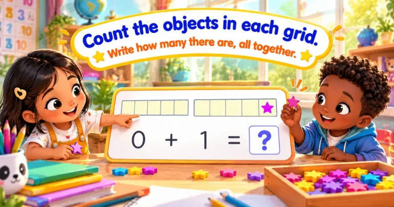 Count the objects in each grid, then write how many there are all together: two children point to two ten frames, one of them with a pink star, above 0 + 1 = ?.
