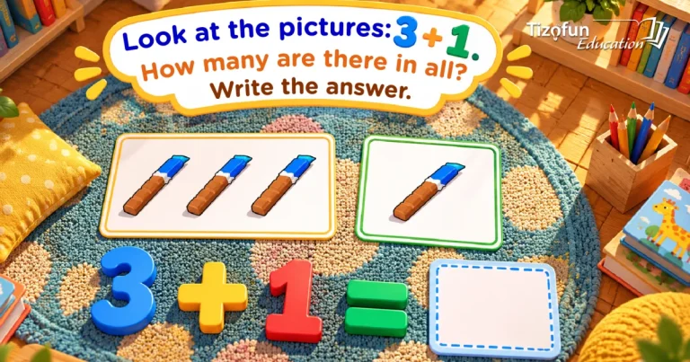 Look at the pictures: 3 + 1. How many are there in all? Write the answer: a card with three pencils and a card with one pencil on a rug, above 3 + 1 = and an empty box.