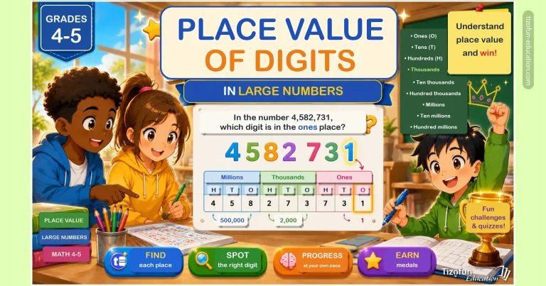 Place value exercise up to hundred millions: in the number 4,582,731, which digit is in the ones place? Interactive game for 4th and 5th grade.