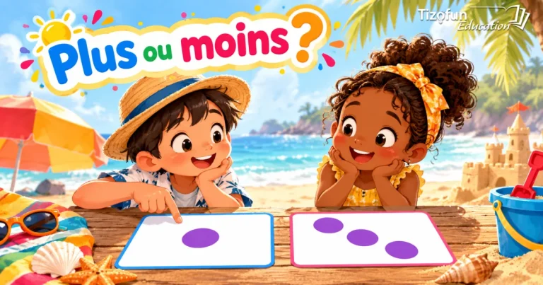 Plus ou moins ? Deux enfants à la plage comparent une carte avec un rond violet et une carte avec trois ronds violets.