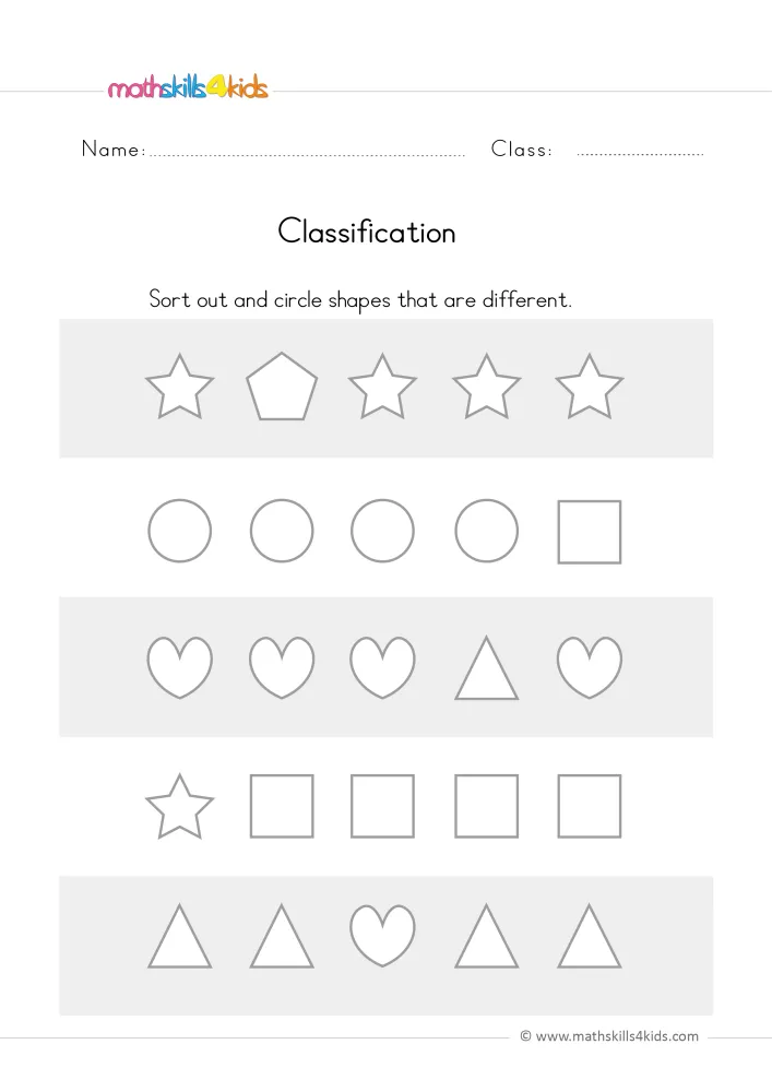Preview of the sorting page: rows of stars, circles, hearts, squares and triangles, each with one shape that does not match.