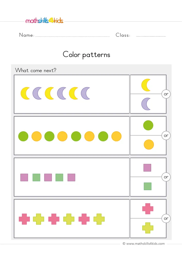 Preview of the pattern page: four rows of shapes in two alternating colors, each ending with a box of two choices joined by or.