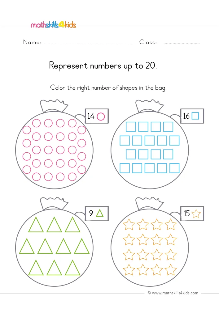 Preview of the page: bags packed with pink circles, blue squares, green triangles and orange stars, each with a number tag.