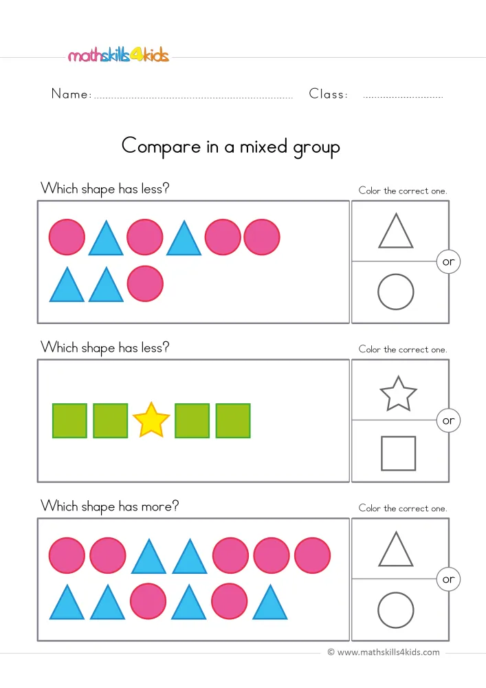 Preview of the page: three boxes of mixed shapes with the questions which shape has less and which shape has more.