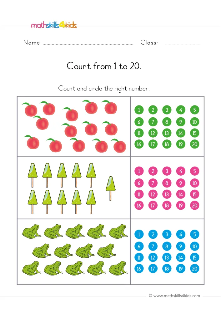 Preview of the counting page: 14 peaches, 11 green ice pops and 14 frogs next to green, pink and blue number grids.