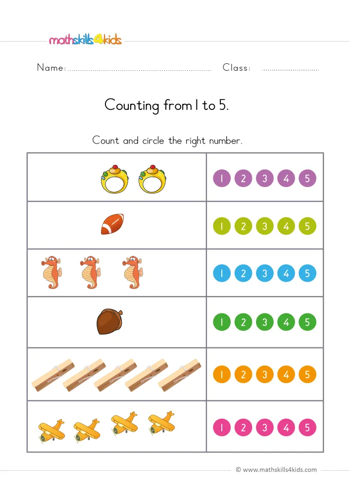 Preview of the page: two rings, one football, three seahorses, one acorn, five clothespins and four airplanes next to number dots.