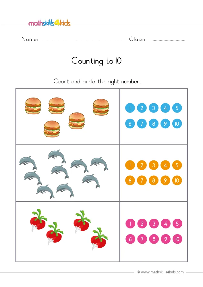 Preview of the counting page: five burgers, nine dolphins and four radishes next to blue, orange and pink number dots.
