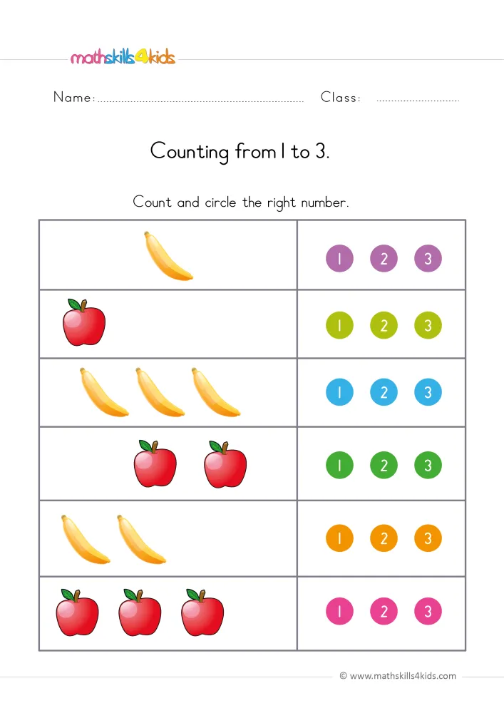 Preview of the fruit page: one banana, one apple, three bananas, two apples, two bananas and three apples next to number dots.