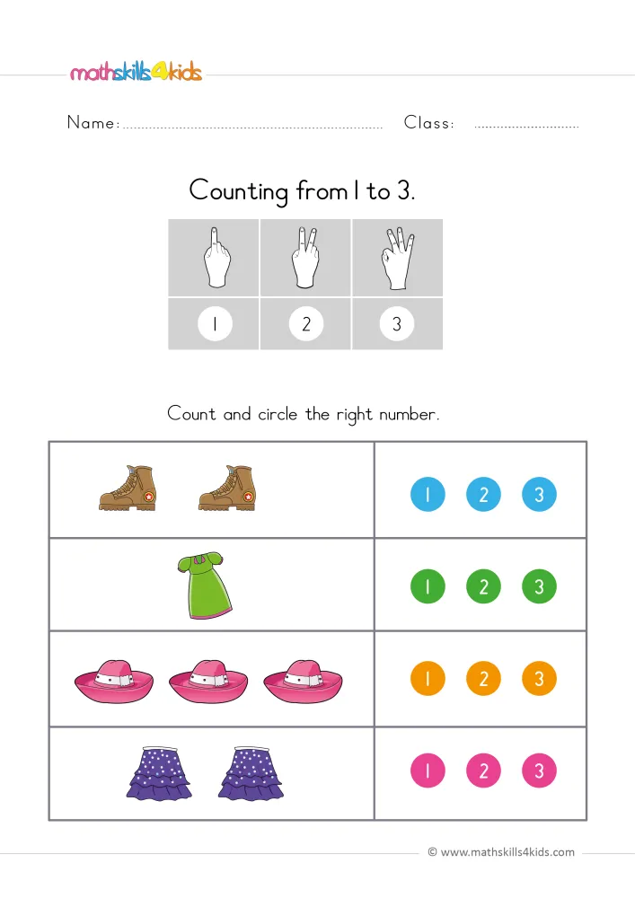 Preview of the counting page: two boots, one green dress, three pink hats and two skirts, beside rows of colored dots numbered 1 to 3.