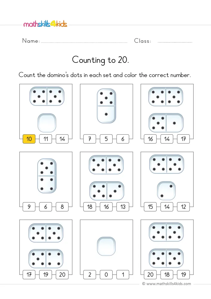 Preview of the domino page: double-five dominoes, small dice, a blank die and number choices up to 20 under each box.