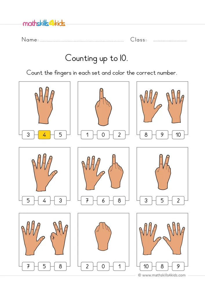 Preview of the finger page: hands showing one, two, five and more fingers, with the first answer, 4, shaded in yellow.