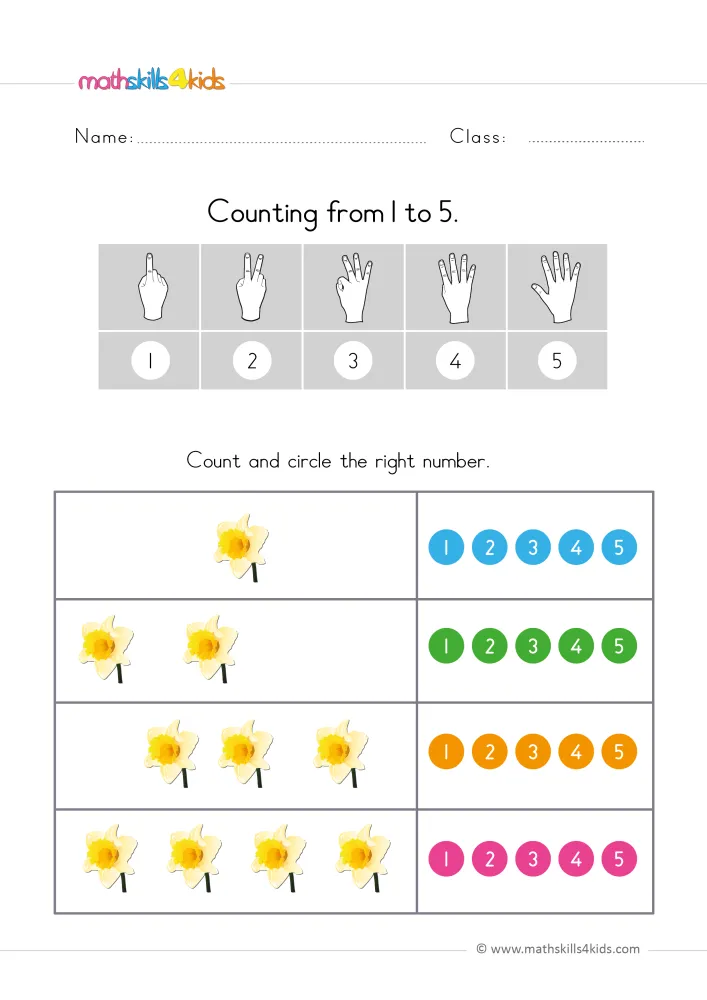 Preview of the flower page: daffodil rows growing from one to four, with blue, green, orange and pink number dots on the right.