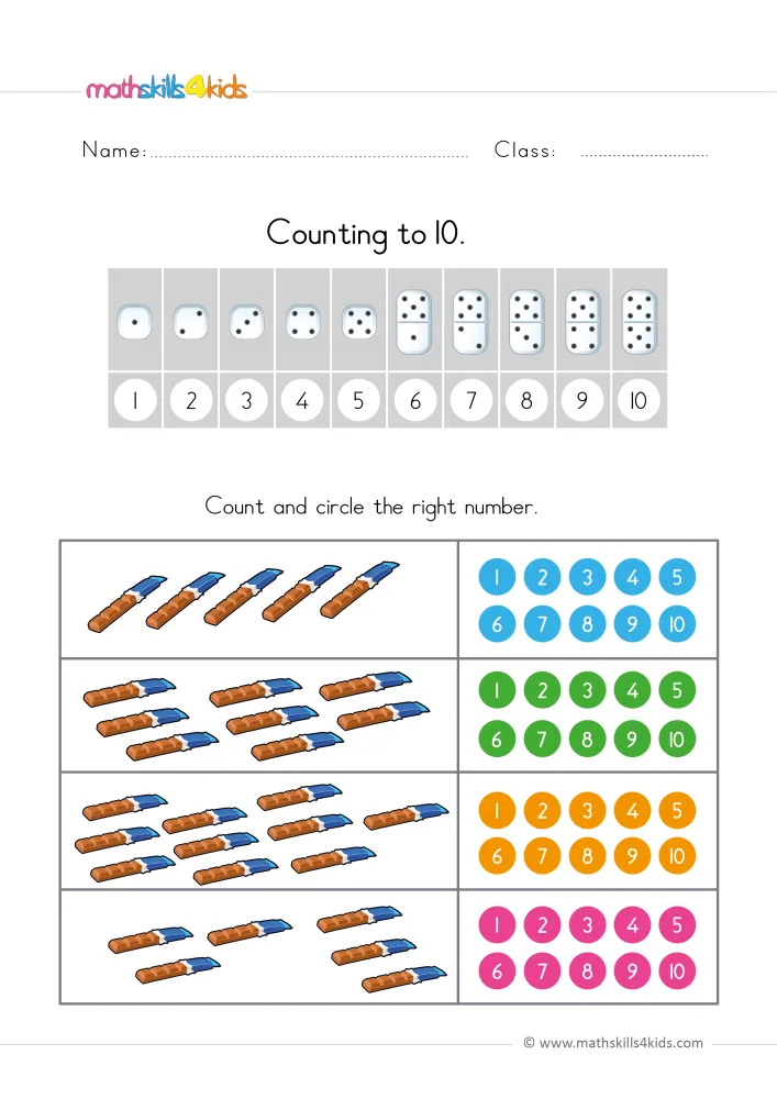 Preview of the page: groups of five, eight, ten and six chocolate bars beside blue, green, orange and pink number grids.