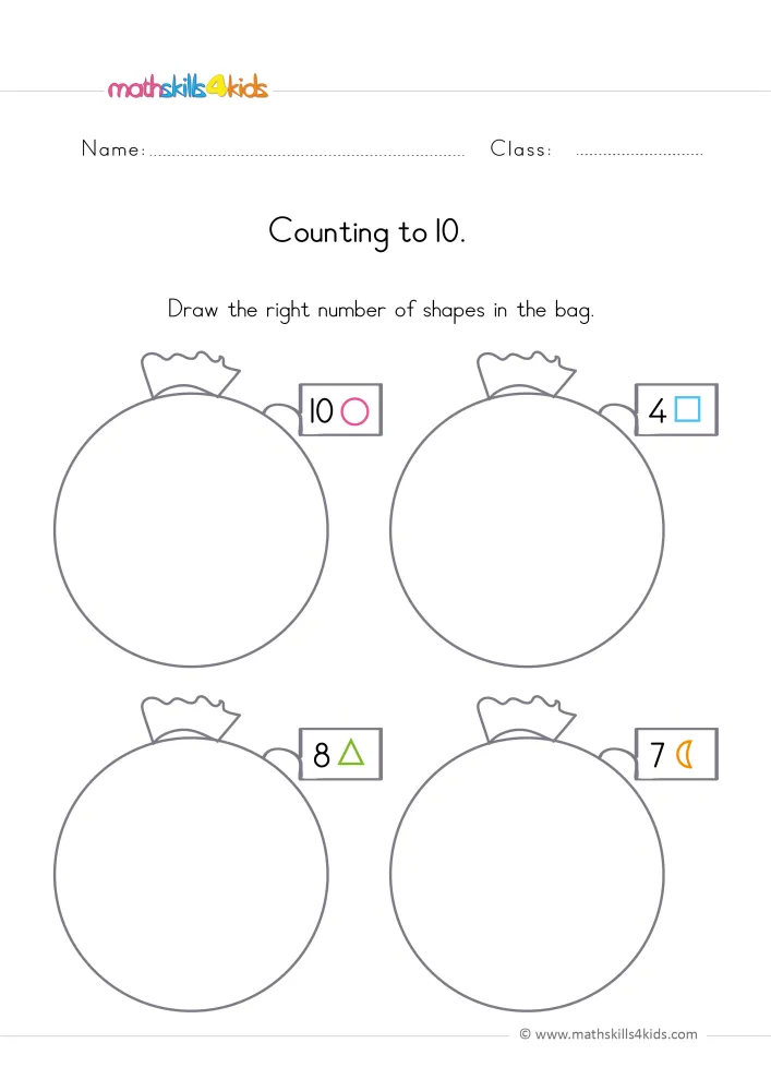 Preview of the page: four round, empty bags, each with a tag showing a number and a pink, blue, green or orange shape.