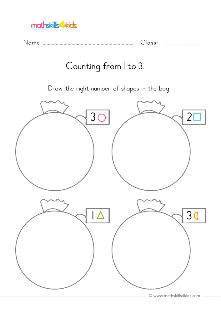 Preview of the drawing page: four large bag outlines, each with a small tag showing a number and a colored shape to copy.