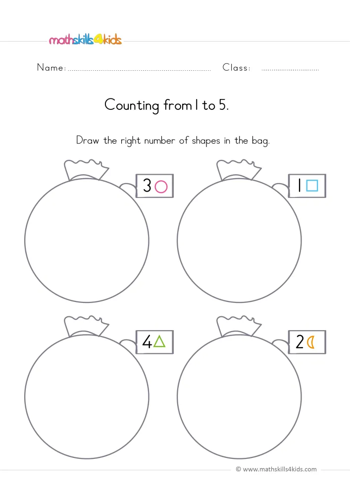 Preview of the page: four round bag outlines, with tags showing 3 and a circle, 1 and a square, 4 and a triangle, 2 and a moon.