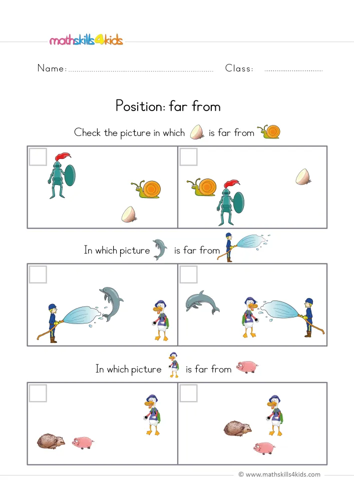 Preview of the distance page: six framed scenes with tick boxes, and small rebus pictures inside each of the three questions.