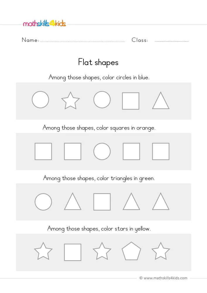 Preview of the coloring page: four bands of outline circles, squares, triangles and stars, ready for blue, orange, green and yellow.