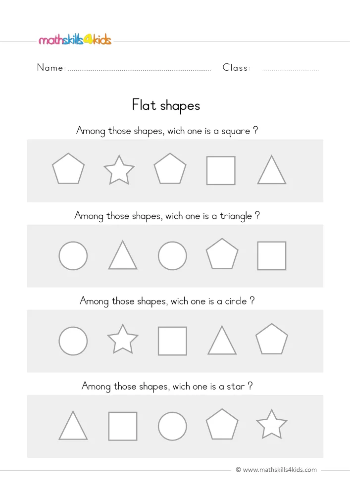 Preview of the shape-finding page: four bands of gray outline shapes with a question above each band naming the target.