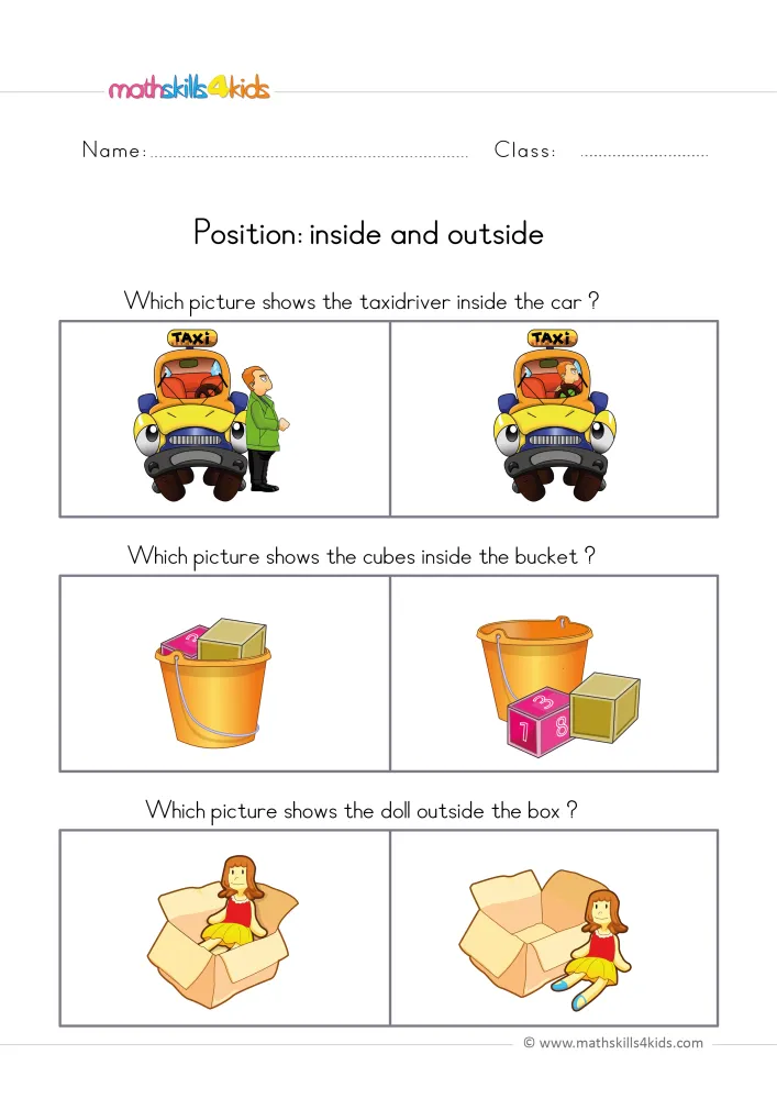 Preview of the position page: a taxi with its driver, an orange bucket with two cubes, and a doll beside an open cardboard box.
