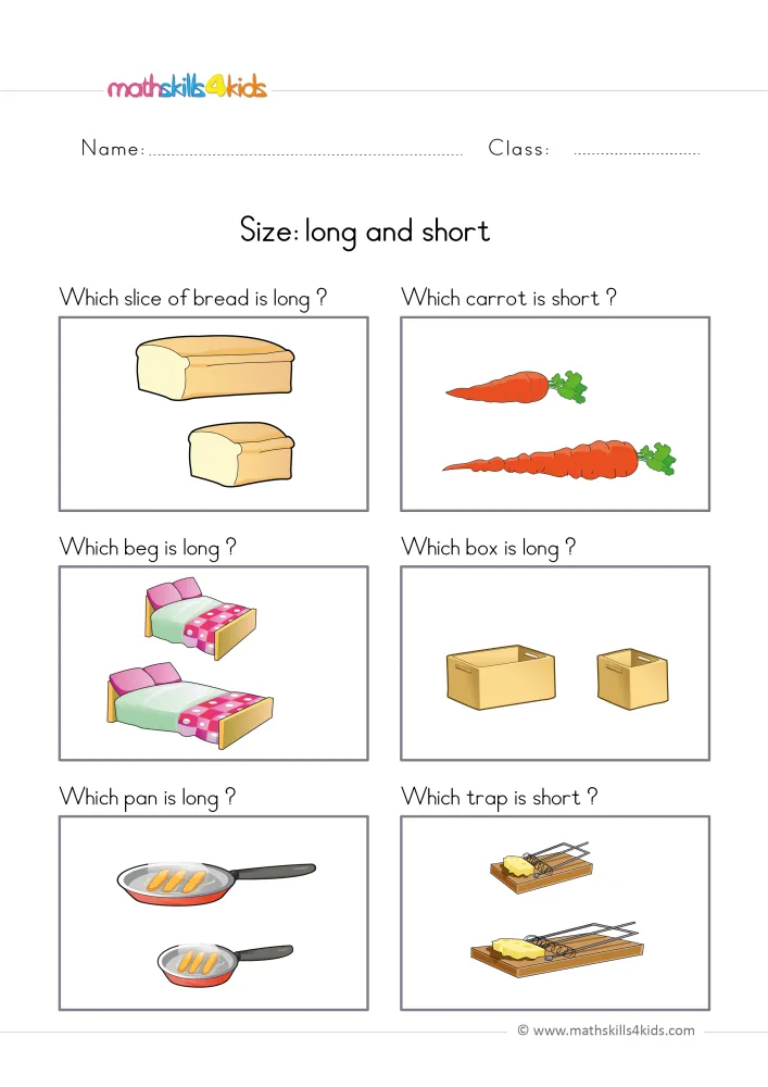 Preview of the length page: a grid of six framed boxes, each with a long and a short version of the same everyday object.