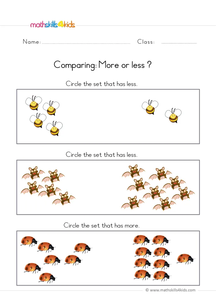 Preview of the comparing page: groups of bees, bats and ladybugs with the instructions circle the set that has less or more.