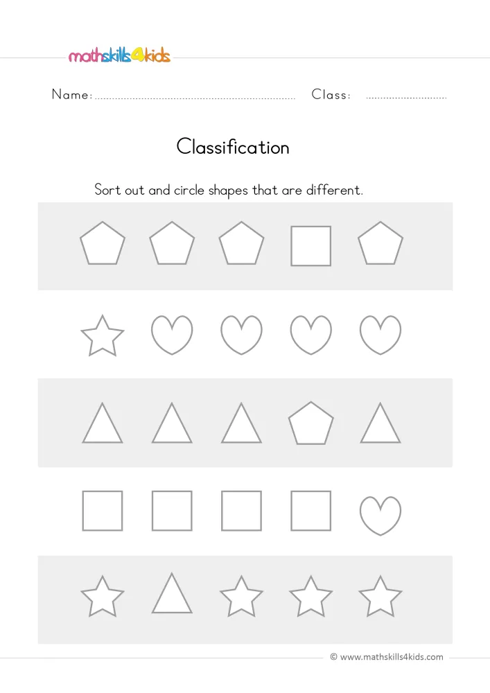 Preview of the classification page: rows of pentagons, hearts, triangles, squares and stars with one different shape in each.