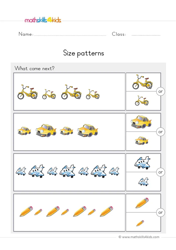 Preview of the size page: big and small bikes, cars, planes and pencils in four rows, with a big or small choice at the end.