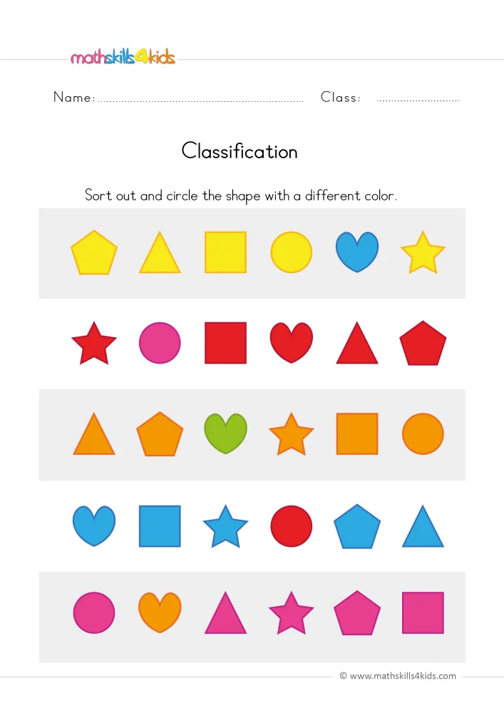 Preview of the color page: a blue heart among yellow shapes, a pink circle among red ones and a green heart among orange.