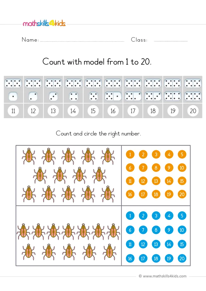 Preview of the page: a box of 14 beetles in three rows and a box of 12 beetles, beside orange and blue grids from 1 to 20.