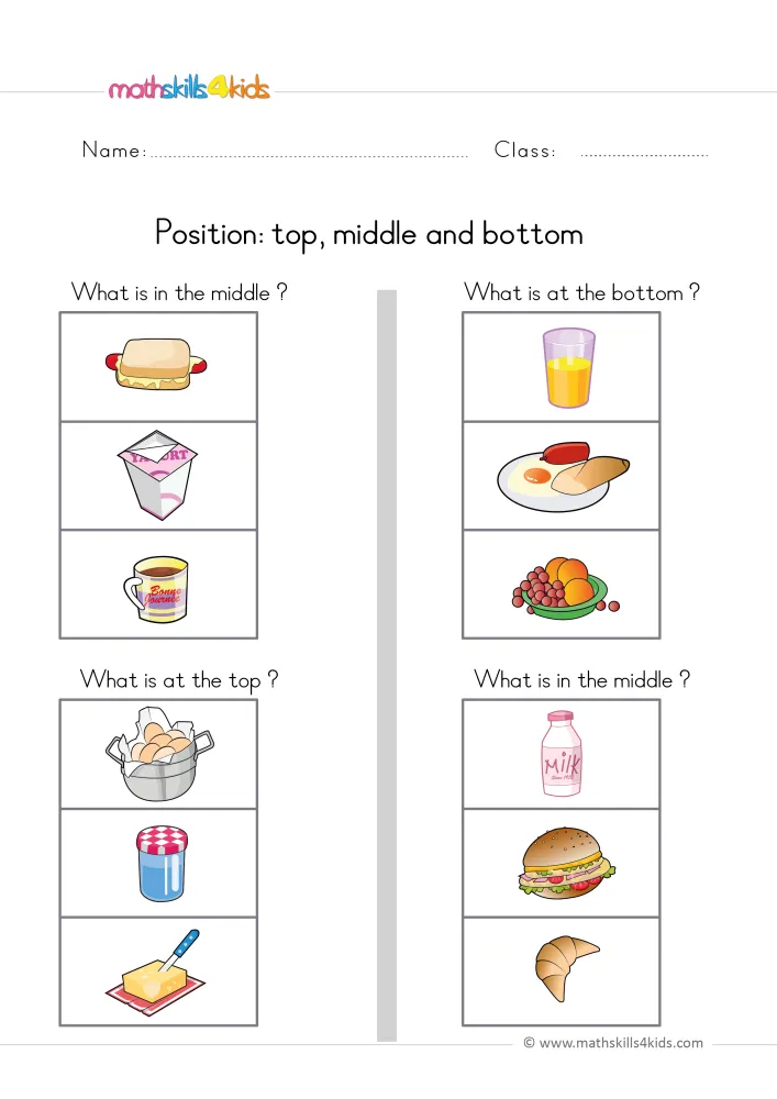 Preview of the three-level page: breakfast foods stacked in four towers of three boxes, each with its own position question.
