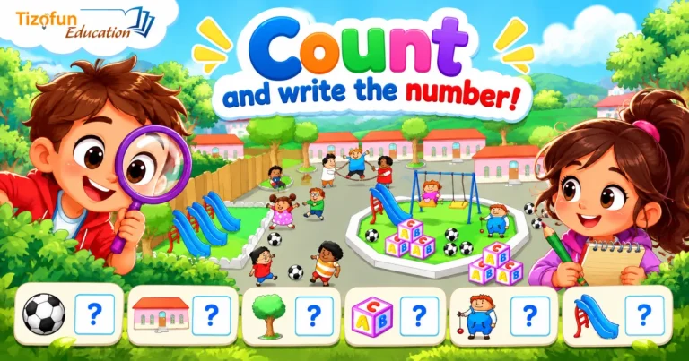 Count and write the number! A boy with a magnifying glass and a girl with a notebook observe a playground full of children, balls, slides and blocks, above boxes to fill in.