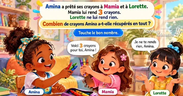 Amina a prêté ses crayons à Mamia et à Lorette ; Mamia lui rend 3 crayons, Lorette ne lui rend rien : combien de crayons Amina a-t-elle récupérés en tout ? Trois fillettes en classe, Mamia tend trois crayons à Amina.