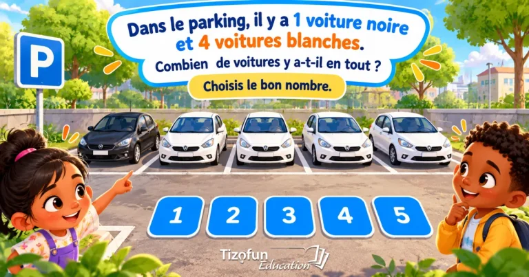 Dans le parking, il y a 1 voiture noire et 4 voitures blanches : combien de voitures y a-t-il en tout ? Choisis le bon nombre. Deux enfants regardent les voitures garées, au-dessus des nombres de 1 à 5.