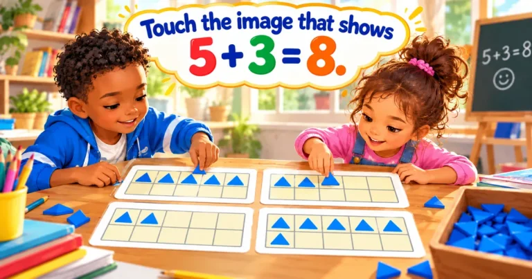Touch the image that shows 5 + 3 = 8: two children look at four ten frames filled with blue triangles.