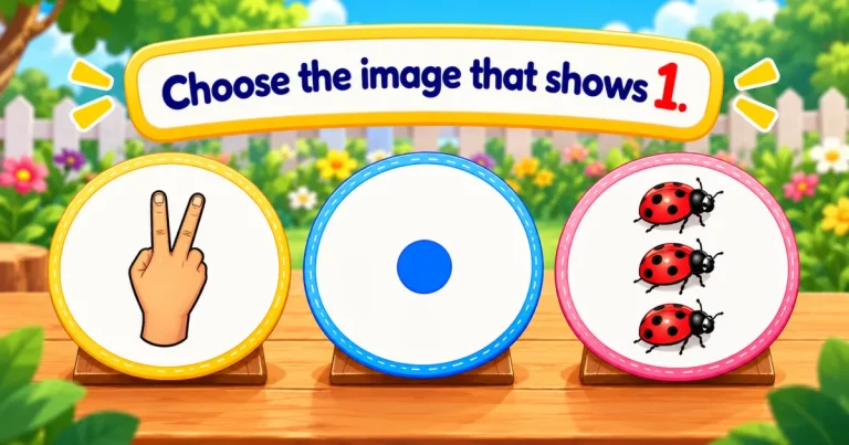 Choose the image that shows 1: three round cards on a table — a hand raising two fingers, one blue dot and three ladybugs.