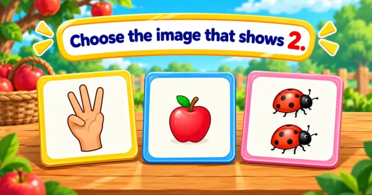 Choose the image that shows 2: three cards on a garden table — a hand raising three fingers, a red apple and two ladybugs.